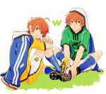  aoi_kyousuke aoi_yuusuke brothers idolmaster idolmaster_side-m looking_at_viewer male_focus multiple_boys orange_eyes orange_hair siblings soccer_uniform sportswear twins w_(idolmaster) 