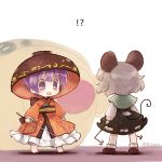  !? 2girls animal_ears bangs barefoot biyon black_dress capelet dress grey_hair japanese_clothes kimono long_sleeves minigirl miracle_mallet mouse_ears mouse_tail multiple_girls nazrin needle obi purple_hair red_kimono sash short_hair standing sukuna_shinmyoumaru tail touhou twitter_username violet_eyes 