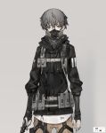  ambiguous_gender androgynous bangs cowboy_shot dagger grey_background grey_eyes grey_hair hair_between_eyes holding holding_weapon jacket load_bearing_equipment looking_at_viewer mask neco original pants short_hair simple_background solo standing weapon 