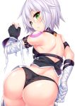  1girl absurdres adjusting_clothes adjusting_panties ass assassin_of_black bandage black_panties blush breasts fate/apocrypha fate_(series) green_eyes highres looking_back panties scar short_hair silver_hair simple_background small_breasts solo thigh-highs underwear wakagi_repa white_background 