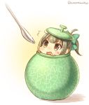  /\/\/\ 1girl ahoge bangs blunt_bangs blush blush_stickers bow brown_eyes chibi food fruit furrowed_eyebrows glint gradient gradient_background green_bow greyscale hair_bow in_food kantai_collection melon mk monochrome open_mouth peeking_out ponytail short_hair sidelocks solo spoon sweat tareme twitter_username wavy_mouth yellow_background yuubari_(kantai_collection) 