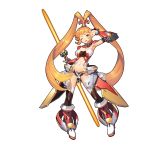  &gt;:d 1girl :d absurdres armor armpits bangs black_legwear blunt_bangs boots breasts character_request detached_collar detached_sleeves double-blade energy_weapon hair_ornament high_ponytail highres holding holding_weapon large_breasts long_hair looking_at_viewer navel official_art one_eye_closed open_mouth orange_hair ponytail sangai_senki short_shorts shorts simple_background smile solo standing thigh-highs thighhighs_under_boots v_over_eye vambraces very_long_hair weapon white_background yangsion yellow_eyes 