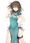  1girl aqua_eyes bangs bare_arms black_panties braid breasts brown_hair capelet china_dress chinese_clothes cleavage dress hair_ornament kurata_rine looking_at_viewer medium_breasts original panties pelvic_curtain shiny shiny_hair side-tie_panties simple_background smile solo standing thigh_strap underwear white_background 