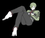  1boy barefoot black_background green_hair hair_over_one_eye hand_on_own_stomach japanese_clothes male_focus pom_pom_(clothes) simple_background solo touken_ranbu uguisumaru 