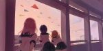  3girls ahoge black_hair from_behind looking_out_window multiple_girls orange_hair original paper_airplane pink_hair school_uniform serafuku short_hair sunset tamomoko uniform 