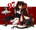  2girls between_breasts black_cape black_gloves black_hair blue_necktie bow cape character_name chibi dated fingerless_gloves girls_frontline gloves hair_bow hairband long_hair multiple_girls necktie qbz-95_(girls_frontline) qbz-97_(girls_frontline) red_background red_bow red_necktie signature sitting skirt smile thigh-highs twintails twitter_username wariza white_cape white_gloves white_hairband white_legwear white_skirt yellow_eyes yuri_(anachronic) 
