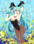  1girl animal_ears aqua_eyes aqua_hair beamed_quavers black_leotard bow bowtie breasts brown_legwear bunny_tail bunnysuit cowboy_shot crotchet detached_collar faon_ouji hatsune_miku highres leotard long_hair looking_at_viewer musical_note open_mouth pantyhose quaver rabbit_ears red_bow red_bowtie small_breasts smile solo standing strapless strapless_leotard tail twintails upper_teeth very_long_hair vocaloid wrist_cuffs 
