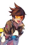  1girl :d blizzard_(company) bomber_jacket brown_hair english_flag jacket kotatsu_(g-rough) leaning_forward open_mouth overwatch short_hair smile tracer_(overwatch) visor 