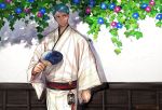  1boy blue_hair clenched_hand fan flower holding holding_fan japanese_clothes looking_to_the_side male_focus morning_glory scar shade solo touken_ranbu twitter_username yamabushi_kunihiro 