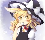  1girl animal_ears blonde_hair blush braid commentary dango eating food hat kemonomimi_mode kirisame_marisa long_hair rabbit_ears riza_dxun side_braid single_braid solo star teeth touhou vest wagashi wavy_hair witch_hat yellow_eyes 