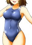  1girl absurdres blue_swimsuit blush breasts brown_hair collarbone competition_swimsuit d-m_(dii_emu) head_out_of_frame highres one-piece_swimsuit open_mouth original short_hair simple_background smile solo swimsuit white_background 