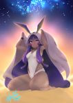  barefoot blush breasts covered_navel dark_skin fate/grand_order fate_(series) highres hori_shin jackal_ears jewelry long_hair looking_at_viewer necklace nitocris_(swimsuit_assassin)_(fate) one-piece_swimsuit purple_hair seiza sitting sky star_(sky) starry_sky swimsuit violet_eyes 