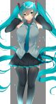  1girl bangs bare_shoulders black_boots black_legwear black_skirt boots breasts closed_mouth collared_shirt commentary_request cowboy_shot detached_sleeves eyebrows_visible_through_hair green_eyes green_hair green_necktie grey_shirt hair_between_eyes hair_ornament hands_on_headphones hands_up hatsune_miku headphones highres legs_apart long_hair looking_at_viewer medium_breasts necktie onineko-chan pleated_skirt shirt skirt sleeveless sleeveless_shirt smile solo standing thigh-highs thigh_boots tie_clip twintails very_long_hair vocaloid wing_collar 
