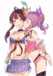  2girls :0 :o arm arm_at_side arm_behind_back arms_behind_back bare_arms bare_legs bare_shoulders bikini black_choker black_legwear blue_skirt blush braid breasts brown_hair cheek_kiss choker cleavage closed_eyes couple diantha_(granblue_fantasy) embarrassed feathers female granblue_fantasy hair_feathers hair_ribbon hanarito highres incipient_kiss kiss lavender_hair legs linaria_(granblue_fantasy) long_hair looking_at_viewer medium_breasts midriff multiple_girls navel neck open_mouth pleated_skirt ponytail ribbon see-through short_hair shy skirt small_breasts standing swimsuit thigh-highs wavy_mouth white_background yellow_eyes yuri 