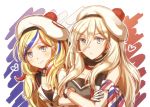 2girls anchor_hair_ornament armband bangs beret blonde_hair blue_eyes blush breasts cleavage commandant_teste_(kantai_collection) crossed_arms dress eyebrows_visible_through_hair frown gloves hair_between_eyes hair_ornament hair_over_shoulder hat heart jacket kantai_collection leaning_forward long_hair looking_at_viewer medium_breasts mk mole mole_under_eye mole_under_mouth multicolored multicolored_background multicolored_hair multiple_girls platinum_blonde pom_pom_(clothes) richelieu_(kantai_collection) scarf smile standing streaked_hair swept_bangs upper_body 