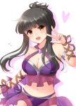  1girl :d armlet bare_shoulders black_hair blush breasts brown_eyes cleavage cowboy_shot idolmaster idolmaster_cinderella_girls kurokawa_chiaki long_hair looking_at_viewer medium_breasts midriff nail_polish open_mouth panties purple_nails purple_panties see-through smile solo tabana underwear v 