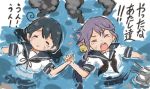  2girls ahoge akebono_(kantai_collection) bell black_hair closed_eyes comic commentary_request damaged floating flower hair_bell hair_flower hair_ornament hand_holding in_water kantai_collection lying multiple_girls neckerchief on_back otoufu purple_hair rigging school_uniform serafuku short_sleeves side_ponytail sidelocks skirt smile smoke tearing_up translation_request ushio_(kantai_collection) 