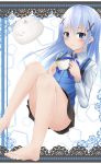  1girl absurdres angora_rabbit bangs bare_legs barefoot black_skirt blue_bow blue_bowtie blue_eyes blue_vest blush bow bowtie closed_mouth collared_shirt commentary_request convenient_leg cup flat_chest foreshortening gochuumon_wa_usagi_desu_ka? hair_ornament hairclip hamayuu_(litore) highres holding holding_cup kafuu_chino light_blue_hair long_hair long_sleeves looking_at_viewer musical_note rabbit rabbit_house_uniform shirt sidelocks sitting skirt smile tippy_(gochiusa) toes vest white_background white_shirt wing_collar x_hair_ornament 