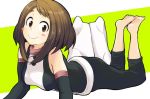  1girl :d bare_shoulders barefoot blush_stickers bodysuit boku_no_hero_academia breasts brown_eyes brown_hair choker full_body ke-ke looking_at_viewer lying medium_breasts on_stomach open_mouth short_hair smile solo uraraka_ochako 