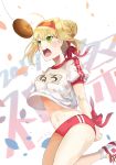  1girl absurdres arms_behind_back bandanna bent_knees blonde_hair blush bouncing_breasts bound bound_wrists bread bread_eating_race breasts clothes_writing dated fate_(series) flying_sweatdrops food green_eyes gym_uniform hair_bun highres jumping ludou_maomao medium_breasts navel open_mouth puffy_short_sleeves puffy_sleeves red_buruma saber_extra shirt_lift shoes short_sleeves sneakers solo sparkle sweat 