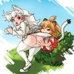  2girls animal_ears antlers ass ass_grab biting blonde_hair blush bush fur_collar fushisha_o hair_between_eyes kemono_friends lion_(kemono_friends) lion_ears lion_tail long_hair moose_(kemono_friends) moose_ears multiple_girls open_mouth pantyhose pantyhose_pull red_eyes shirt short_hair short_sleeves skirt tail tail_biting white yuri 