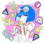  1girl :t antennae blue_eyes blue_hair chamooi chunithm chunithm_star coke-bottle_glasses eating jitome looking_at_viewer mazeran_mazeran pink_background red_ribbon ribbon school_uniform short_sleeves simple_background square star 