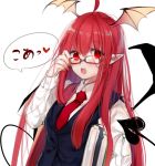  1girl ahoge bangs bespectacled book daimaou_ruaeru demon_tail demon_wings glasses head_wings heart koakuma long_sleeves nail_polish necktie open_mouth pointy_ears red-framed_eyewear red_eyes red_nails red_necktie redhead semi-rimless_glasses simple_background sketch solo tail touhou under-rim_glasses upper_body vest white_background wings 