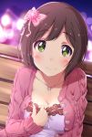  1girl blurry bokeh bow breasts brown_hair cleavage depth_of_field green_eyes hair_bow hair_ornament hitotsuki_nanoka idolmaster idolmaster_cinderella_girls idolmaster_cinderella_girls_starlight_stage jewelry large_breasts maekawa_miku necklace short_hair solo 