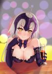  1girl absurdres ahoge alcohol bare_shoulders blush bow breast_rest breasts choker cleavage cup dress drinking_glass elbow_gloves fate/grand_order fate_(series) gloves head_tilt headpiece highres jeanne_alter large_breasts long_hair looking_at_viewer purple_dress purple_gloves ruler_(fate/apocrypha) smile solo strapless strapless_dress white_hair wine_glass xiao_bing_qiaokeli yellow_eyes 