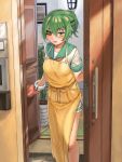  1girl absurdres apron blush collarbone door eyepatch green_eyes green_hair hair_between_eyes highres indoors kantai_collection kiso_(kantai_collection) looking_at_viewer neckerchief open_mouth oven_mitts painting_(object) plant ponytail potted_plant rug sailor_collar school_uniform serafuku shieni short_hair short_sleeves smile solo tile_floor tiles wooden_floor 