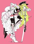  1boy armor blonde_hair full_body high_heels highres holding holding_weapon japanese_armor kiwame_(touken_ranbu) leaning_forward long_hair male_focus midare_toushirou otoko_no_ko pink_background solo sword touken_ranbu weapon 