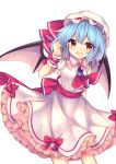  1girl :d absurdres ascot bangs bat_wings black_wings blue_hair blush bow brooch collared_shirt eyebrows_visible_through_hair fang frilled_shirt frilled_shirt_collar frilled_sleeves frills gradient_eyes hair_between_eyes hand_in_hair hand_up hat hat_ribbon highres jewelry looking_at_viewer mob_cap multicolored multicolored_eyes open_mouth petticoat puffy_short_sleeves puffy_sleeves red_bow red_eyes red_ribbon remilia_scarlet ribbon ruhika sash shirt short_hair short_sleeves simple_background skirt smile solo standing touhou twitter_username white white_background white_hat white_shirt white_skirt wings wrist_cuffs yellow_eyes 