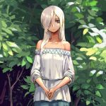  1girl bangs bare_shoulders blouse brown_eyes closed_mouth cowboy_shot hair_over_one_eye long_hair looking_at_viewer off_shoulder oopartz_yang original outdoors own_hands_together silver_hair solo tree white_blouse white_hair 