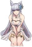  1girl animal_ears bangs bare_shoulders between_thighs bikini blue_eyes blunt_bangs breasts cleavage erun_(granblue_fantasy) flower granblue_fantasy grin hair_flower hair_ornament korwa large_breasts leaning_forward long_hair looking_at_viewer michihasu navel sidelocks silver_hair simple_background sitting sketch smile solo swimsuit thighlet very_long_hair white_background white_bikini 