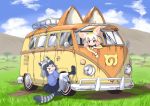  &gt;_&lt; 2girls animal_ears black_boots black_hair black_skirt blonde_hair blush boots clenched_teeth closed_mouth clouds commentary_request common_raccoon_(kemono_friends) day dirty eyebrows_visible_through_hair fennec_(kemono_friends) fox_ears full_body grass ground_vehicle hair_between_eyes japari_symbol kemono_friends looking_at_another motor_vehicle multicolored_hair multiple_girls open_window outdoors pleated_skirt puffy_short_sleeves puffy_sleeves pxton raccoon_ears raccoon_tail short_sleeves silver_hair skirt sky smile tail teeth tree van volkswagen_type_2 white_hair white_legwear 