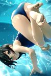  1girl ass barefoot black_eyes black_hair blue_swimsuit blush commentary_request eyebrows_visible_through_hair highres long_hair looking_at_viewer looking_back matsunaga_kouyou one-piece_swimsuit original school_swimsuit smile solo swimsuit underwater 