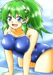  1girl blue_eyes blue_swimsuit breasts collarbone competition_swimsuit d-m_(dii_emu) frog_hair_ornament green_hair hair_ornament hair_tubes highres kochiya_sanae long_hair one-piece_swimsuit open_mouth ponytail poolside smile snake_hair_ornament solo swimsuit touhou water wet 