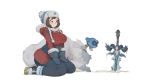  1boy 1girl all_fours alternate_costume boots coat company_connection frostmourne fur fur_trim gaoerji gloves gorilla highres hood ice mei_(overwatch) overwatch planted_sword planted_weapon robot seiza simple_background sitting snow_boots snowball_(overwatch) sword warcraft weapon white_background winston_(overwatch) winter_clothes winter_coat world_of_warcraft 