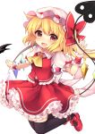  1girl :d absurdres ankle_cuffs ascot bangs black_legwear blonde_hair blush bow buttons crystal eyebrows_visible_through_hair fang flandre_scarlet frilled_shirt frilled_shirt_collar frilled_sleeves frills full_body gradient_eyes hair_between_eyes hand_up hat hat_ribbon highres looking_at_viewer mob_cap multicolored multicolored_eyes open_mouth outstretched_arm petticoat puffy_short_sleeves puffy_sleeves red_bow red_eyes red_ribbon red_shoes red_skirt red_vest ribbon ruhika shirt shoe_bow shoes short_hair short_sleeves side_ponytail simple_background skirt skirt_set smile solo tail thigh-highs touhou twitter_username vest white_background white_hat white_shirt wings wrist_cuffs yellow_ascot yellow_eyes 