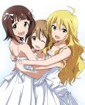  3girls ahoge amami_haruka blonde_hair brown_eyes brown_hair dress girl_sandwich green_eyes hagiwara_yukiho hair_ribbon highres hoshii_miki hug hug_from_behind idolmaster looking_at_viewer multiple_girls one_eye_closed open_mouth ribbon sandwiched white_dress yumekaranigeruna 