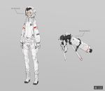  1girl astronaut astronaut_helmet bangs boots brown_eyes chart closed_mouth commentary english full_body gloves grey_background jetpack looking_at_viewer neco original sidelocks simple_background solo spacesuit standing white_gloves white_hair 