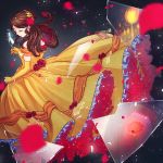  1girl artist_name beauty_and_the_beast belle_(disney) brown_hair closed_eyes disney dress elbow_gloves flower frills glass_shards gloves hair_ornament long_hair lopuii mirror rose solo standing yellow_dress yellow_gloves 
