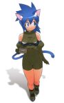  1girl animal_ears blue_eyes blue_hair bodysuit cat_ears cat_tail elbow_gloves full_body game_console gloves holding long_hair personification sega_saturn shadow simple_background solo tail white_background yoshizaki_mine 