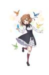  1girl :d beamed_semiquavers beatrice_(princess_principal) bird bird_on_hand black_shoes brown_eyes brown_hair double_bun full_body highres official_art open_mouth outstretched_hand princess_principal princess_principal_game_of_mission purple_legwear school_uniform shoes smile socks standing standing_on_one_leg 