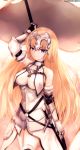  1girl arm_up armor armored_dress banner black_legwear blonde_hair dress dyolf fate/apocrypha fate_(series) gauntlets holding holding_weapon long_hair ruler_(fate/apocrypha) sheath sheathed solo standing sword thigh-highs very_long_hair weapon white_dress 