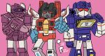  3boys 80s arm_cannon artist_request cannon decepticon english hand_on_hip highres insignia looking_at_viewer machine machinery mecha multiple_boys no_humans oldschool open_mouth personification pointing pointing_at_viewer red_eyes robot shockwave_(transformers) soundwave starscream tape_recorder transformers weapon 