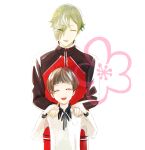  2boys bob_cut casual cherry_blossoms closed_eyes eyes_visible_through_hair flower green_hair hair_over_one_eye hands_on_another&#039;s_shoulders highres hirano_toushirou jacket male_focus multiple_boys simple_background smile touken_ranbu touken_ranbu:_hanamaru track_jacket track_suit uguisumaru upper_body 