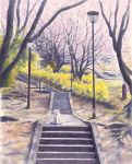  akashi_kaikyou bare_tree calligraphy_brush_(medium) cherry_blossoms dog highres lamppost leash looking_at_viewer no_humans original outdoors path pink_sky plant railing road scenery spring_(season) stairs traditional_media tree watercolor_(medium) 