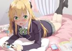  1girl bangs bedroom blonde_hair blush book cellphone controller curtains eyebrows_visible_through_hair game_controller gamers! gochou_(atemonai_heya) green_eyes grey_skirt hair_between_eyes holding indoors long_hair lying miniskirt nose_blush on_bed on_stomach open_book open_mouth phone pillow pleated_skirt sidelocks skirt smartphone solo tendou_karen wavy_mouth 