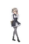  1girl adjusting_glasses ange_(princess_principal) asymmetrical_hair black_shoes blue_eyes book braid frilled_skirt frills full_body glasses grey_hair grey_legwear hand_up highres holding holding_book looking_at_viewer official_art princess_principal princess_principal_game_of_mission school_uniform shoes skirt solo standing white_skirt 